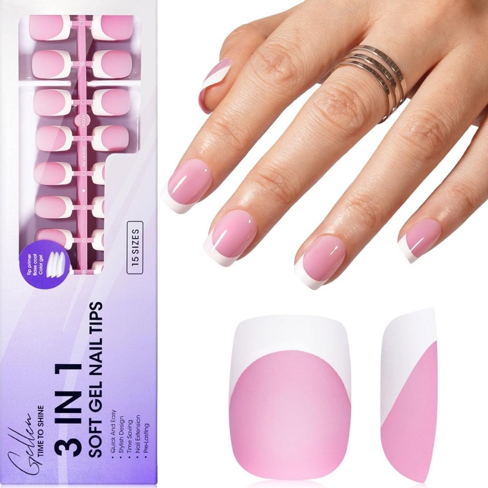 150 Pink French Soft Gel Nail Tips, Short Square, 3 in 1, Tips for Nails Art